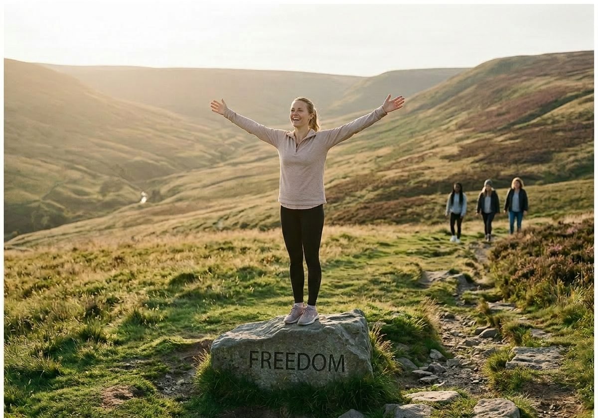 A woman celebrating freedom and a fresh start